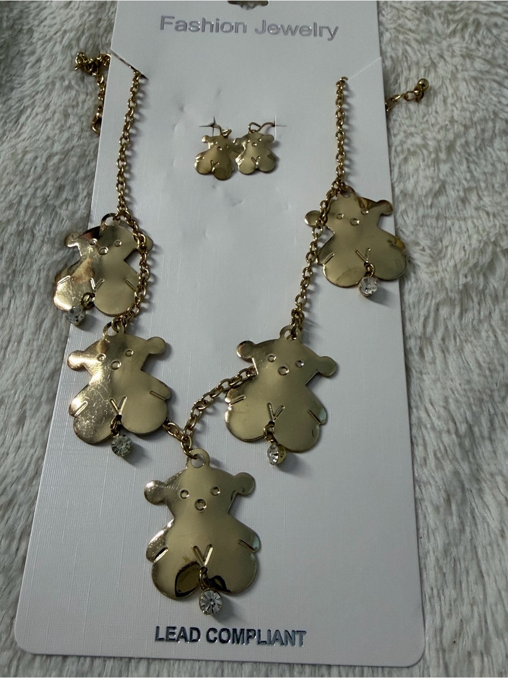 Fashion Jewelry Gold Teddy Charm Necklace and Earrings Set